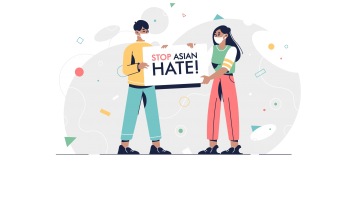 Illustration: Zwei Menschen halten ein Schild hoch. Aufschrift: "Stop asian hate"